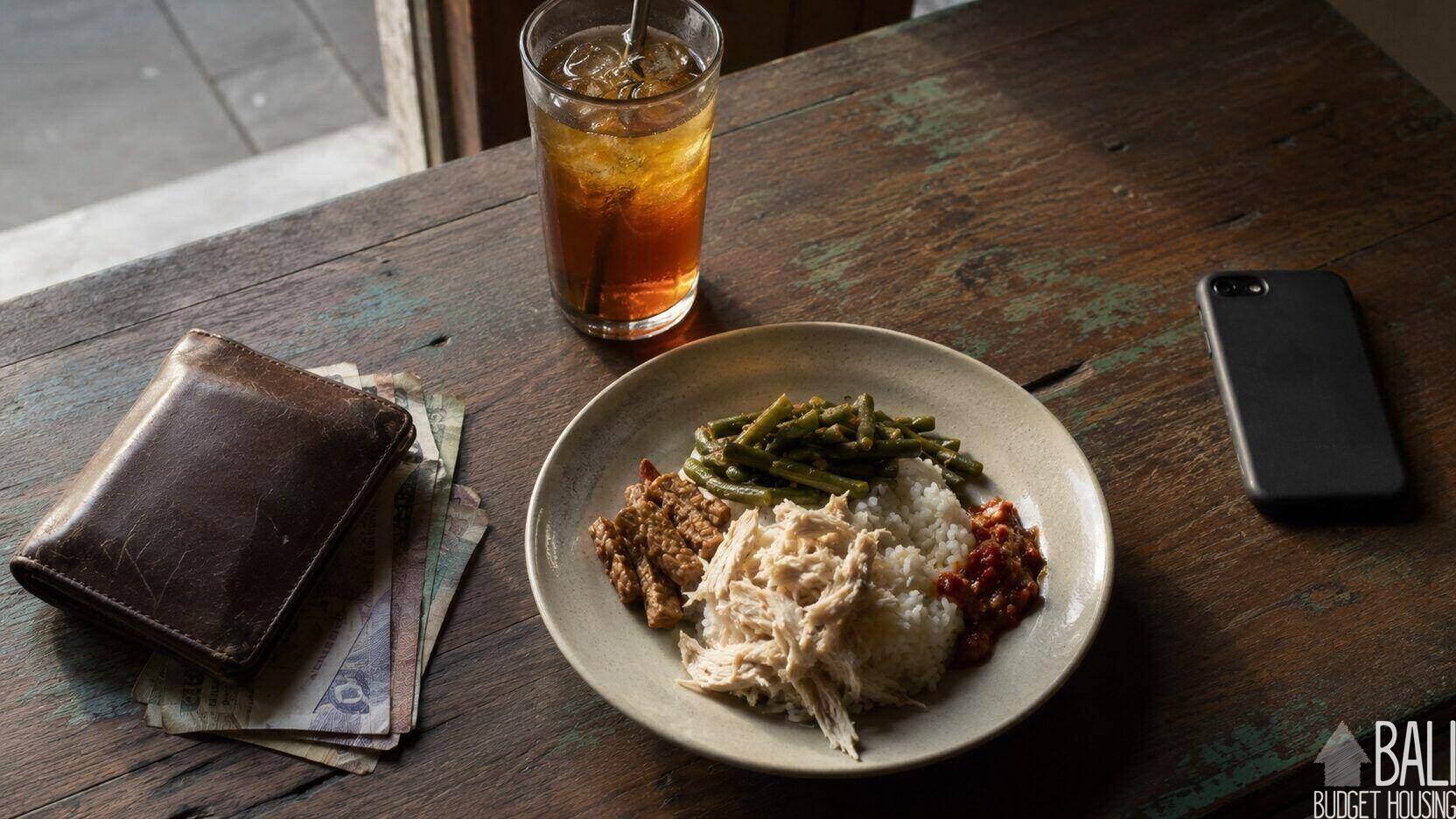 A plate of nasi campur with iced tea and rupiah notes on a wooden table in Bali