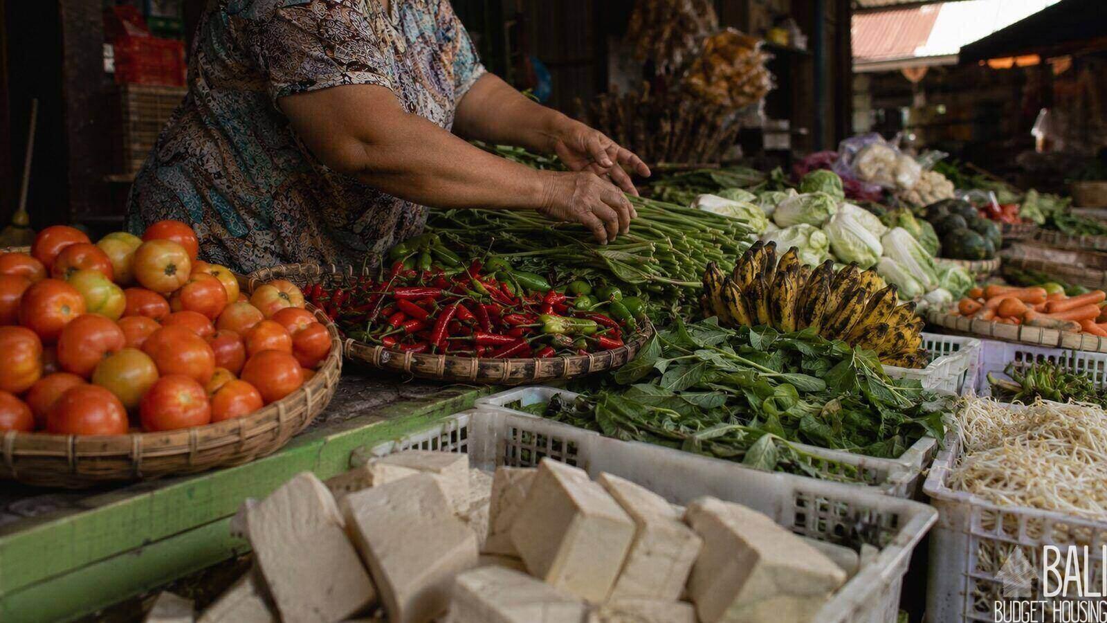 Fresh produce and tofu on a traditional market stall in Bali