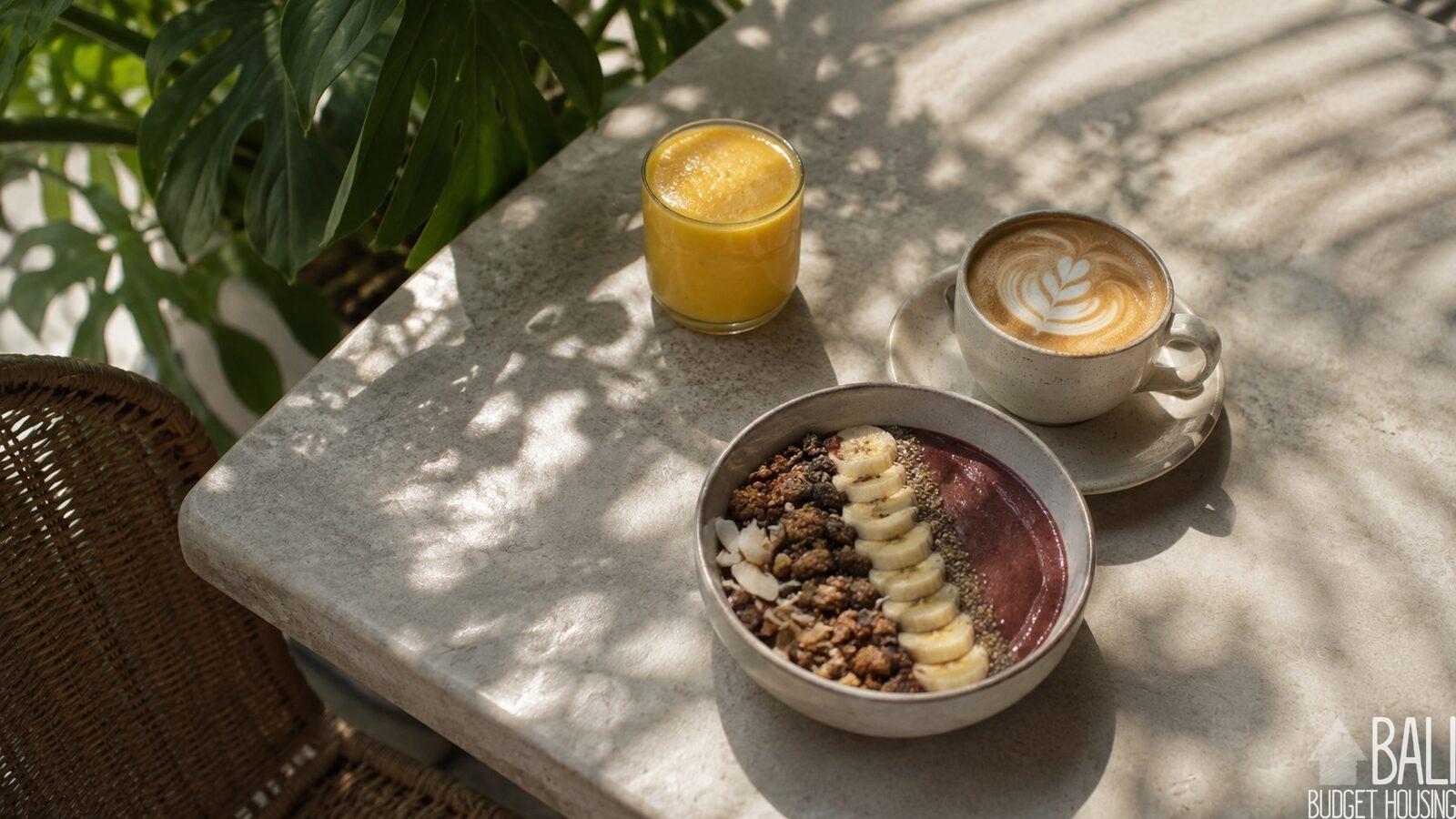 A smoothie bowl, flat white and fresh juice on a cafe table in Canggu